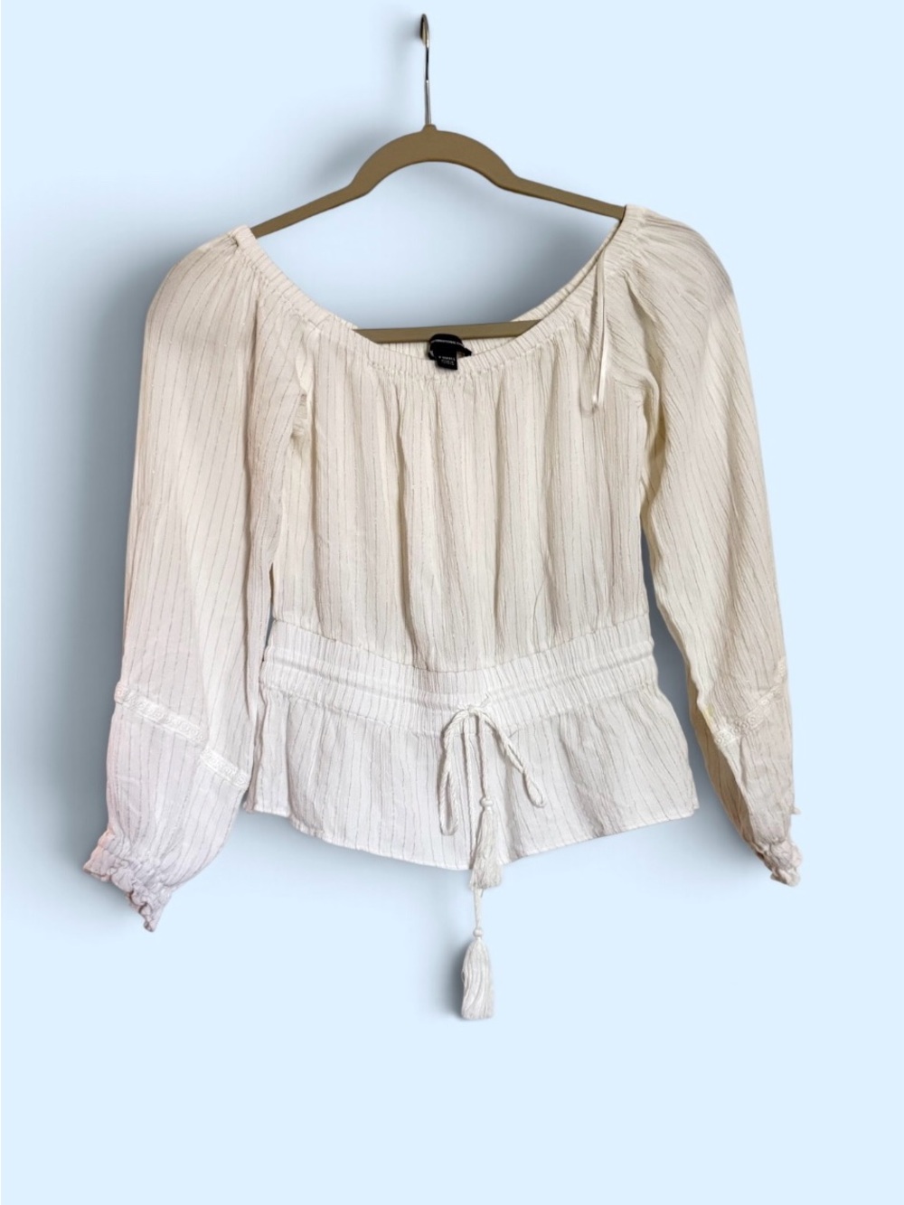 INC International Concepts Cream Textured Peasant Blouse with Tie Waist XS